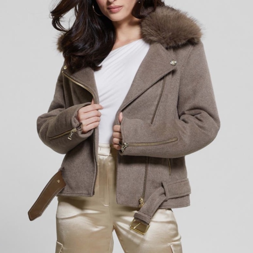 GUESS Nancy Moto Jacket with Removable Faux Fur Collar